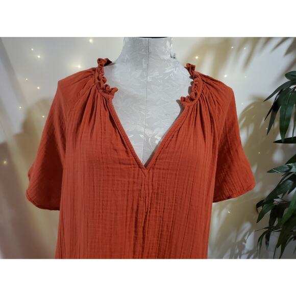 Old Navy Crinkle Gauze Flutter Sleeve Mini Swing Dress 2X Burnt Orange Pockets - Picture 5 of 12